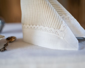 Double layer natural linen table napkin with lace, shabby chic table napkin, linen napkin