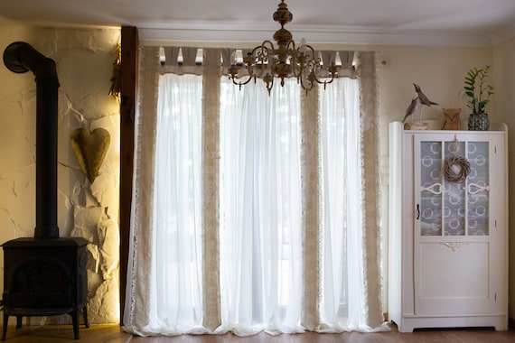 Elegant Sheer Curtain panel with lace and ruffles on linen ties