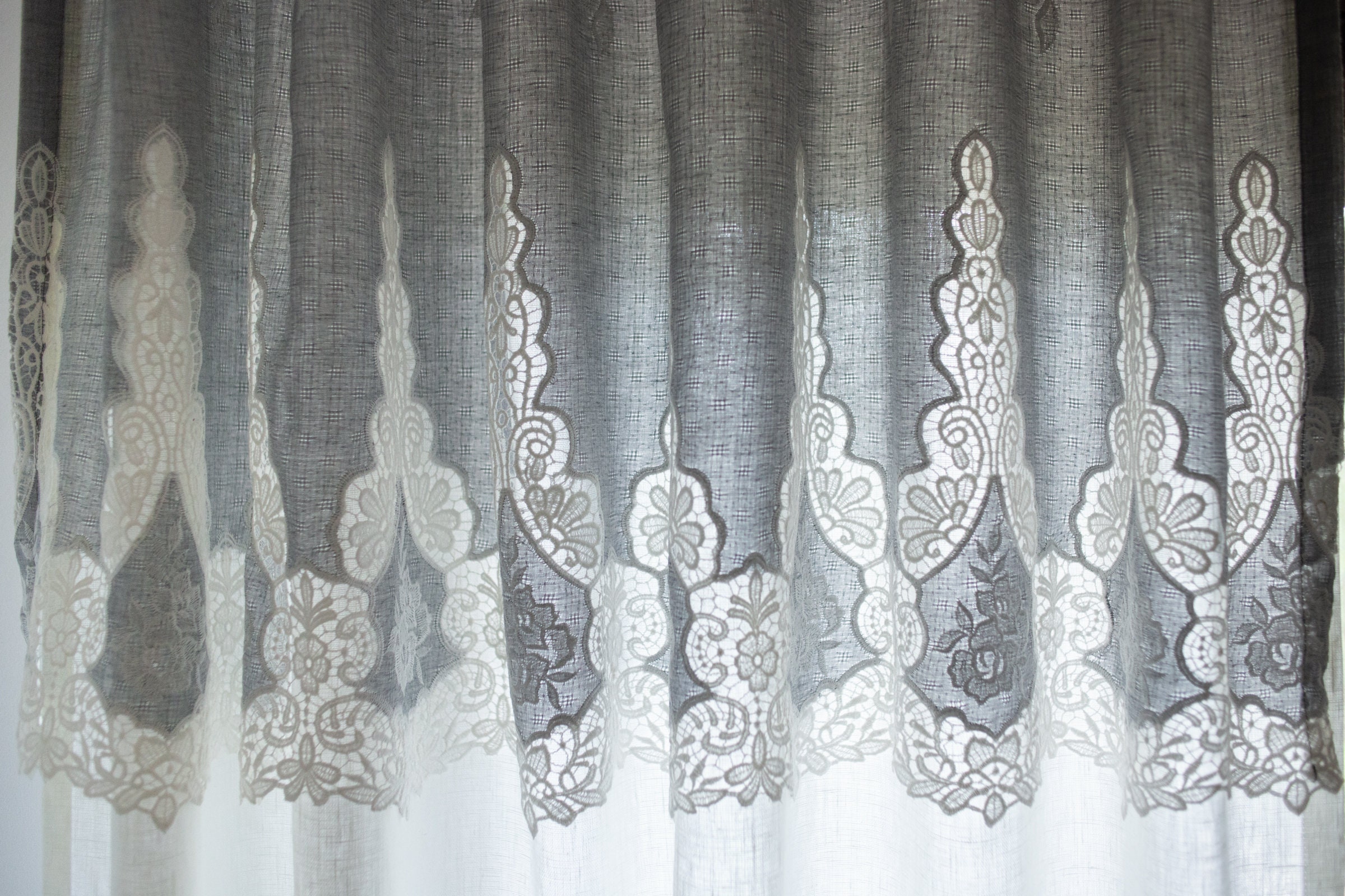 Linen Curtain With Embroidered Gray Cotton Etsy