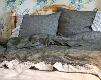 Stonewashed linen bedding set, Gray linen bedding, Boho bedding set, Linen duvet covers set