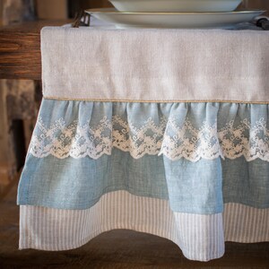 Natural Linen table runner with ruffle, rustic tablecloth, stonewashed linen table runner. image 5