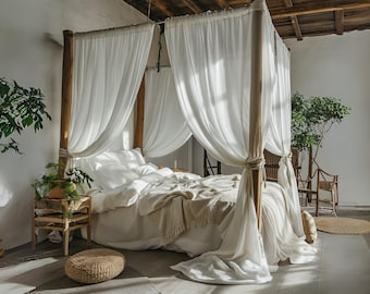 Canopy Bed Curtains | Bed Drape | Bed Tent | Perfect White Linen Drapes | Linen Drapery Curtains | Boho Curtains | Tie Top Linen Curtain