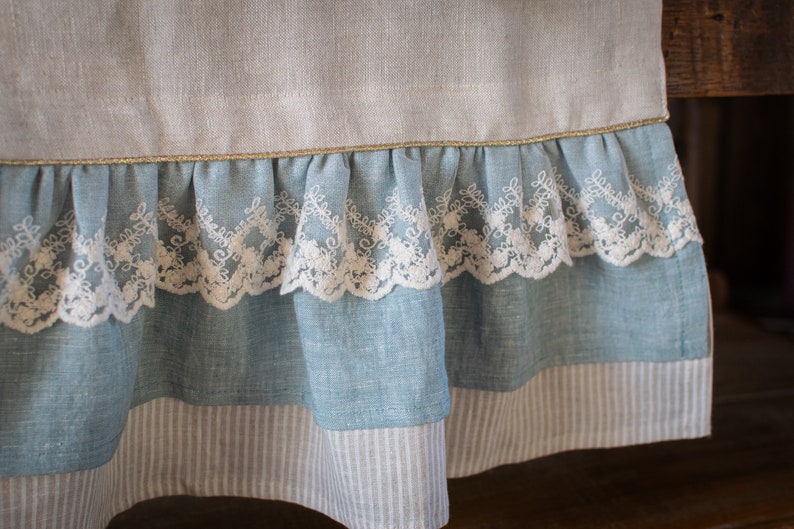 Natural Linen table runner with ruffle, rustic tablecloth, stonewashed linen table runner. image 8