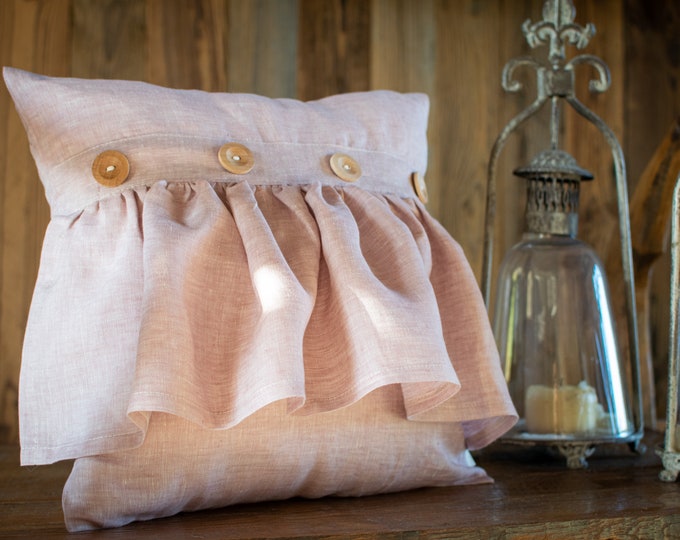 Old pink stonewashed linen pillow cover with ruffle, shabby pillowcase, linen pillowcase