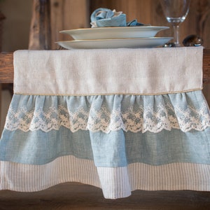 Natural Linen table runner with ruffle, rustic tablecloth, stonewashed linen table runner. image 6