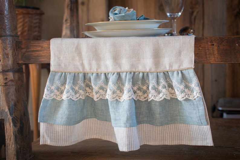 Natural Linen table runner with ruffle, rustic tablecloth, stonewashed linen table runner. image 6