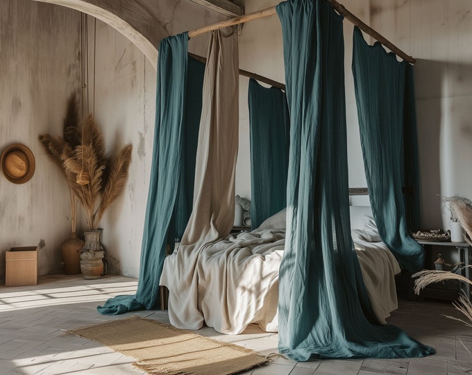Custom Bed Canopy With Tie Top | Canopy Over The Bed | Custom Bed Canopy Drape | Linen Canopy Bed Curtains | Long Drapes | Heavyweight