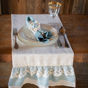 Natural Linen table runner with ruffle, rustic tablecloth, stonewashed linen table runner. image 4