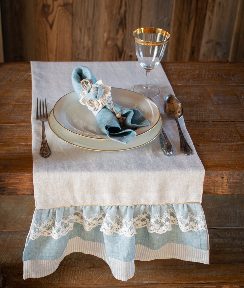 Natural Linen table runner with ruffle, rustic tablecloth, stonewashed linen table runner. image 4