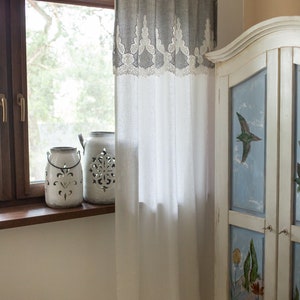 Linen curtain with embroidered gray cotton image 3