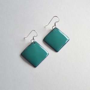 Enamel square earrings, Minimalist earrings, Copper Enamel earrings,   Sterling silver, Green earrings, Geometric earrings, Blue Earrings