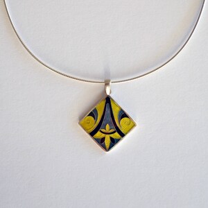 Art Deco Cloisonne Enamel Pendant Square Charm Necklace