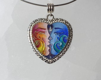 Hart emaille hanger, Kiss zilveren ketting, emaille cloisonné hanger, Valentijnsdag hanger, cloisonne ketting