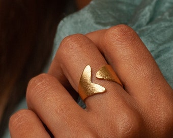 Gold Plated Open Fish Band Ring, Hammered and Textured Gold Ring for Women, Gold Plated Jewerly Gift for Women