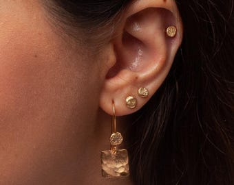 14k Solid Gold Square Hammered Rustic Dangle Earrings