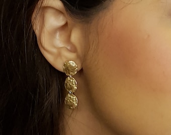 18k gold dangle earrings, Hammered bridal earrings gold, long gold drop earrings, ethnic boho women jewelry 1 3/16" long