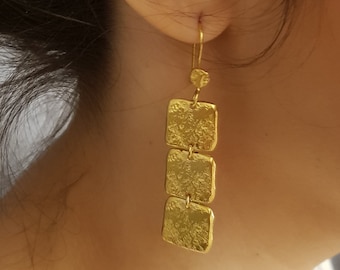 Gold rectangles dangle earrings, hammered bar drop Earrings for Women, Long gold plated Geometric earrings