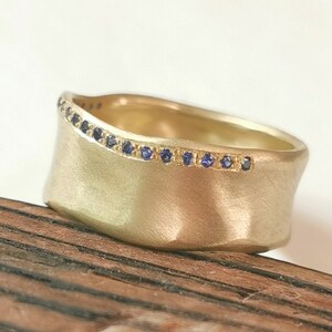 Blue Sapphires 14k Gold Ring, 9mm Gold Wedding Band with 20 Small Blue Sapphire Gemstones