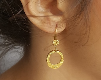 Boho Gold Dangle Earrings, 18k Plated Hammered Disc