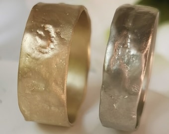 His and Hers Matching Wedding Rings, Yellow and White Gold Matching Wedding Bands, Rustic Raw Hammered Finish Rings