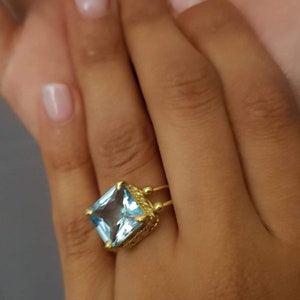 Engagement Ring, Blue Topaz Ring for Women, Square Topaz Ring, December Birthstone Jewelry, Statement Ring, Blue Stone Ring