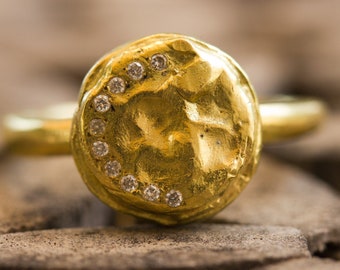Antique Hammered Gold Diamond Engagement Ring, Rough Hammered Gold Ring With Small Conflict Free Diamonds, Handmade Gold Jewellery for Women