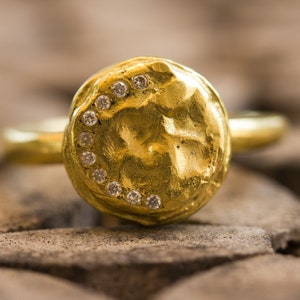 Antique Hammered Gold Diamond Engagement Ring, Rough Hammered Gold Ring With Small Conflict Free Diamonds, Handmade Gold Jewellery for Women