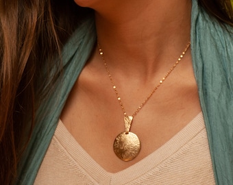 Large 14k Solid Gold Necklace, Hammered Disk Pendant