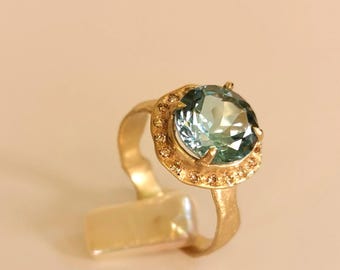 London Blue Topaz and Diamond Ring, Unique 18K Gold Cocktail Textured Ring