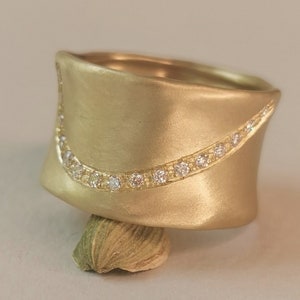 14k Gold Wide Diamond Gold Band Ring, Matte Finish Gold Cigar Band Ring with Diamonds