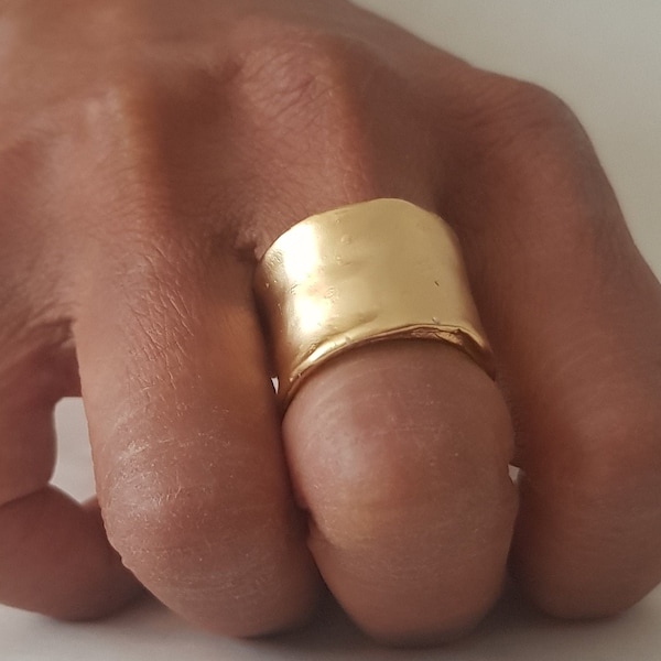 18K Gold Cigar Ring, Cigar Band Ring, Hammered Gold Ring, Gold Bands For Women, Wide Band Ring, Organic Wedding Band, Thick Wedding Ring