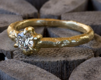 Hamrad förlovningsring 14K guld, förlovningsring med rådiamant för kvinnor, massivt guldband, antik ring, modern löftering
