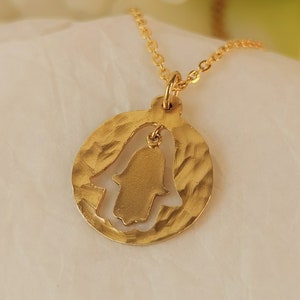 Gold Hamsa Pendant Made in Israel, Jewish Hamsa Pendant Necklace Handmade in Israel in 14k Yellow Gold With Cut-out Design