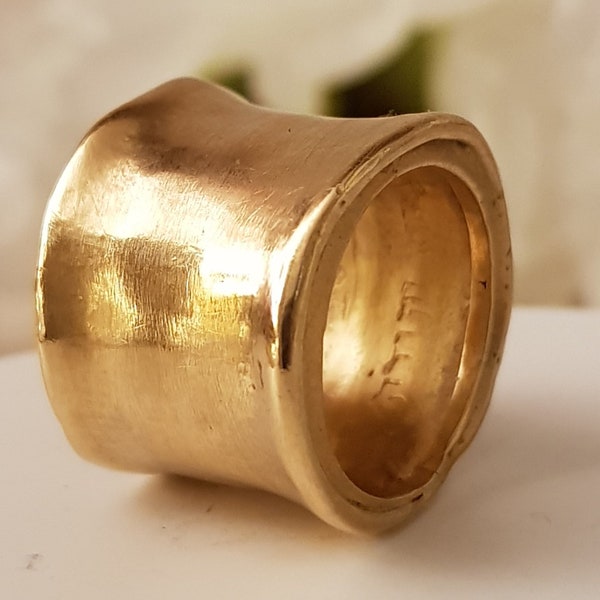 18k Solid Yellow Gold Textured Extra Wide Ring For Women 16 mm Width 3 mm Thick, Cigar Band Ring