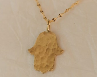 Hammered 14k Solid Gold Hamsa Pendant, Handmade Judaica Jewelry Necklace, Made In Israel