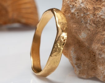 Slim 14k Gold Wedding Ring, 14k Rough Hammered Gold Ring, Israeli Gold Jewelry Made in Israel, Unique Textured Rustic Gold Ring for Women