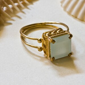 18K Gold Aquamarine Ring, Vintage 10mm Square Ice Aquamarine Gemstone Cocktail Ring