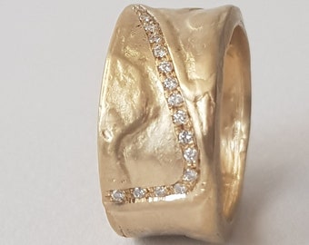 14k Solid Gold 10mm Wide Ring With 15 Pave Diamonds, Unique Large Wedding Band, Thick Chunky Statement Cigar Band Ring