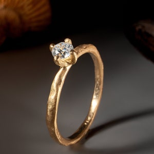 Diamond Engagement Ring with Half Carat Diamond, 4 Prong Diamond Ring, 18K Hammered Gold, Natural 0.5ct Diamond Ring, Solitaire Diamond Ring image 1