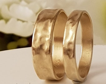 22K Gold Wedding Band Set, His and Her Ring Set, Man and Women Band Rings, Matching Gold Wedding Rings, Wide Gold Hammered Rings, Union ring