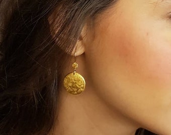 18k Gold Dangle Round Disc Coin Earrings With a Hammered Textured Finish and Organic Vintage Style