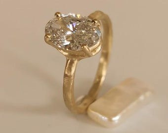 2 carat Diamond Gold Engagement Ring, 14K Hammered Gold Diamond Ring