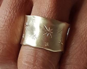 14K Yellow Gold Rustic Ring 14mm Width, Unique ring with Stars