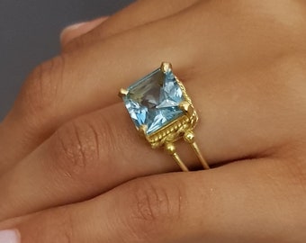 18K Gold Blue Topaz Ring, Cocktail Rings For Women, December Birthstone Ring, Topaz Engagement Ring, Square Topaz Ring, Vintage Style Ring