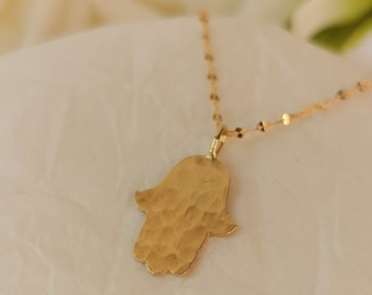 Gold Hamsa Charm Necklace, Handmade Hammered Gold Hamsa, Judiaca Gold Jewelry Made in Israel, Israelie Jewelry Designer