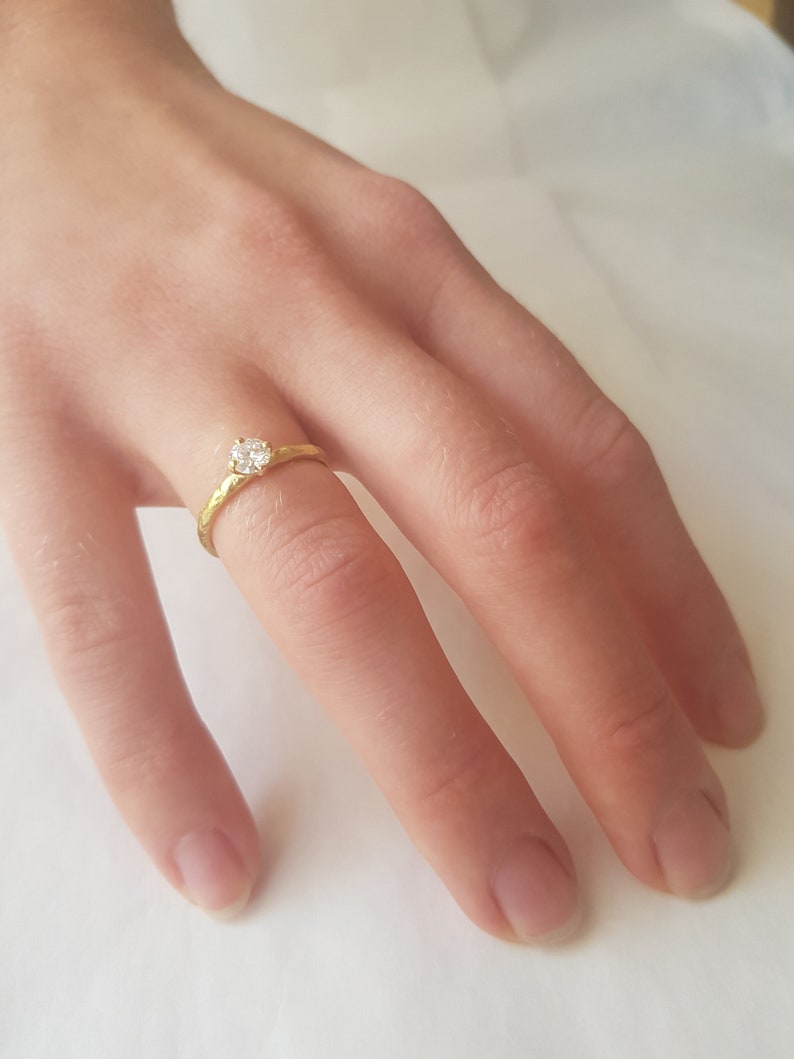 Diamond Engagement Ring with Half Carat Diamond, 4 Prong Diamond Ring, 18K Hammered Gold, Natural 0.5ct Diamond Ring, Solitaire Diamond Ring image 8