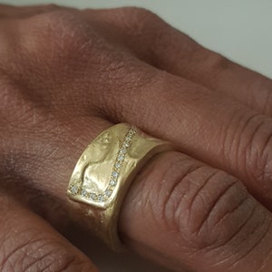 18K Gold Diamonds Band Ring, Cigar Band Ring, Wide Gold Band, Organic Gold Ring, Thick Band Rings, Hammered Gold Ring, Textured Wedding Ring image 6