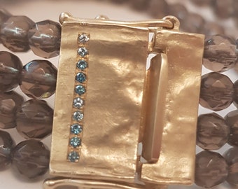Unique Smoky Quartz Gold Bracelet With Diamonds, Multi-Chain Bracelet For Women, Gemstone Bracelet, Solid Gold and Quartz Bead Bracelet