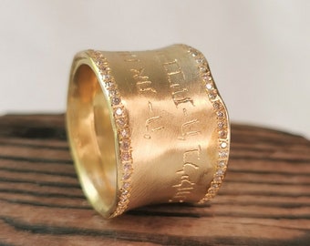 Wide Diamond Gold Ring, Extra Wide 18k Solid Gold Wedding Band with Small Diamond Edges, Diamond Cigar Band Ring, Unique Diamond Ring