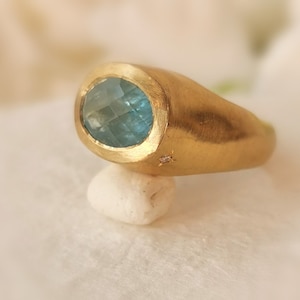 14k Gold Aquamarine Signet Ring, Statement Aquamarine Jewelry for Women